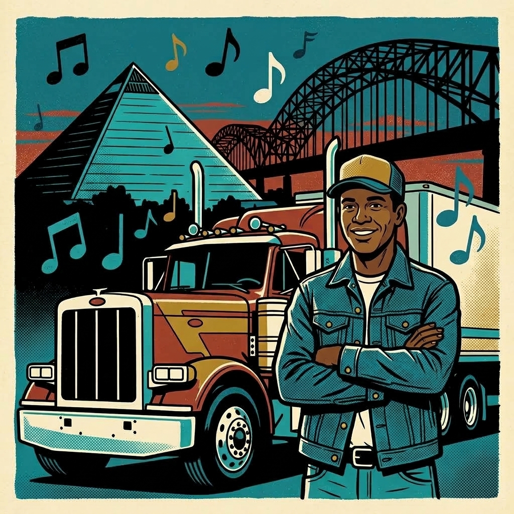 Illustration of a truck driver standing in front of a semi truck with the pyramid and bridge behind