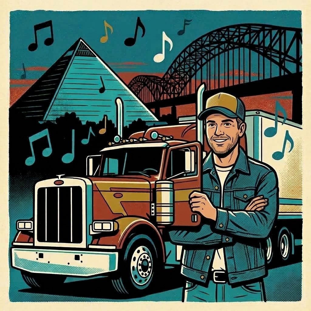 Illustration of a white truck driver with a beard opening the cab door of his semi truck, the Memphis pyramid and bridge behind him