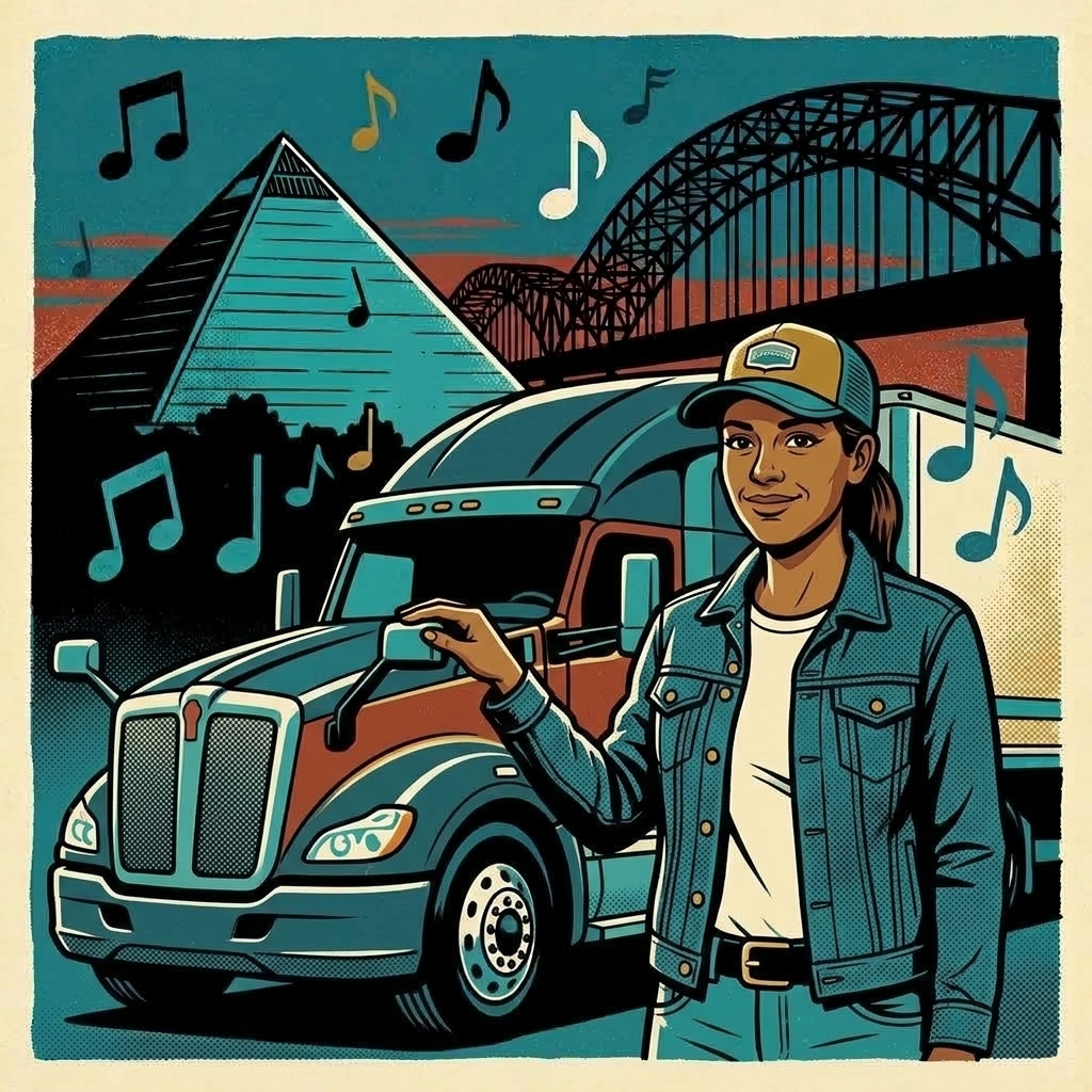 Illustration of a Latina truck driver beside her sleeper-cab semi truck, the Memphis pyramid and bridge behind her