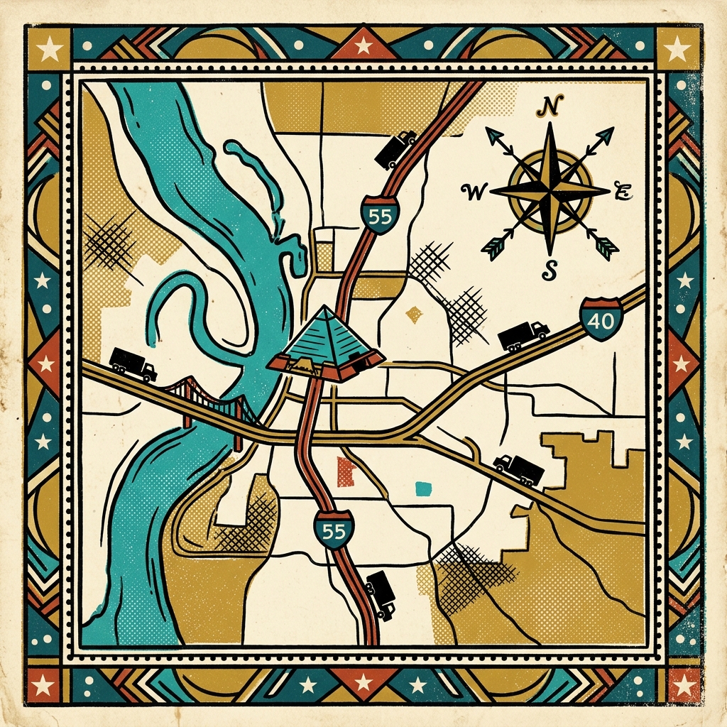 Illustrated map of Memphis at the I-55 and I-40 crossing on the Mississippi River