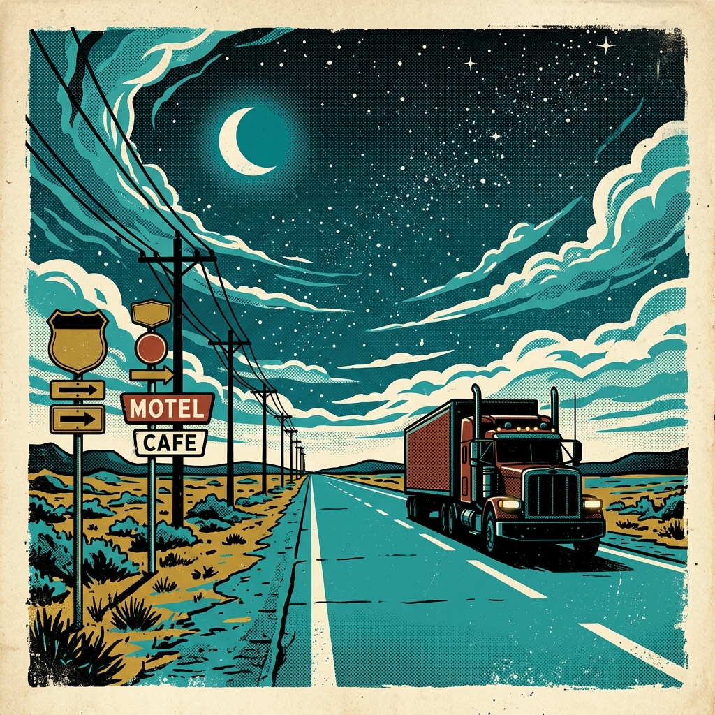 Illustration of a semi truck on an open interstate under a starry sky